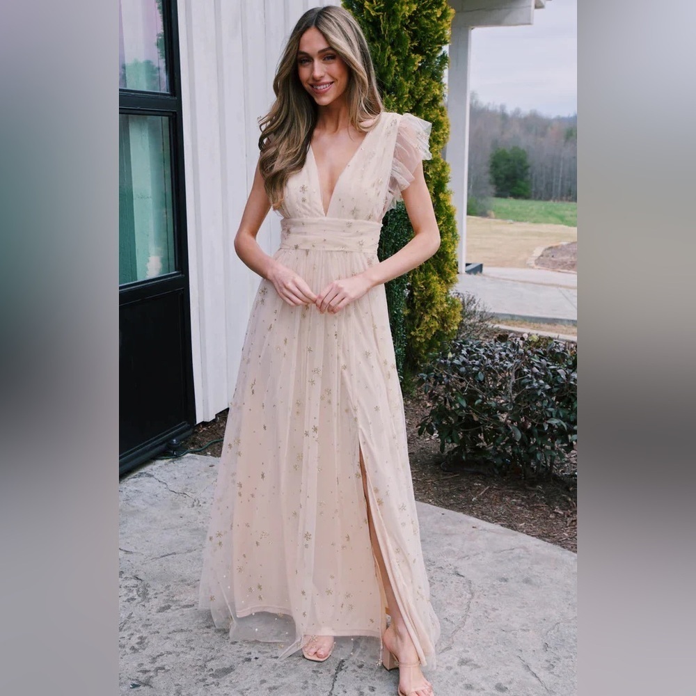 Tulle maxi dress ruffle flutter sleeve glitter stars formal sparkly vneck aster